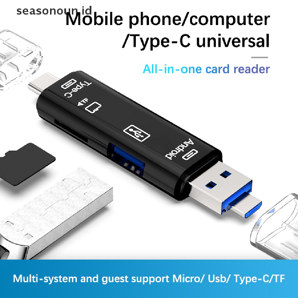 Seasonoun Telepon Ekstensi Komputer Header Aksesoris Adaptor Pembaca Kartu OTG Universal Kecepatan Tinggi 5in1 Usb 2.0 Tipe C/Usb/Micro Usb/Tf/SD Memory Card Reader.