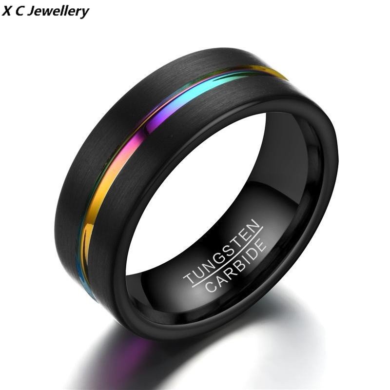 [X C Perhiasan] Cincin Titanium Steel Anti Karat Lebar 8MM Pria Dengan Slot Dua Warna Hitam Dan Aksesoris Fashion Tujuh Warna