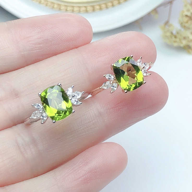 Goldkingdom Aksesoris Perhiasan Fashion Ready Stock Cincin Peridot Alami Desain Niche Wanita, Segar Dan Sederhana, Cincin Harta Karun Berwarna Kuning-Hijau, Mulut Yang Dapat Disesuaikan