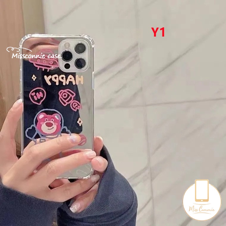 Kartun Astronot Manyo Casing Ponsel Kompatibel Untuk iPhone 7plus 11 13 12 Pro MAX XR 7 8 Plus X XS MAX SE 2020 Beruang Strawberry Lucu Shockproof Make Up Mirror Soft Cover