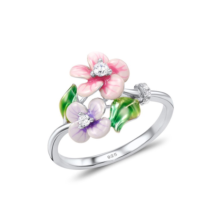 Fashion Baru925 Sterling Perak Bunga Merah Daun Hijau Berlian Cincin Untuk Wanita Harian Kasual Bunga Rings Aksesoris