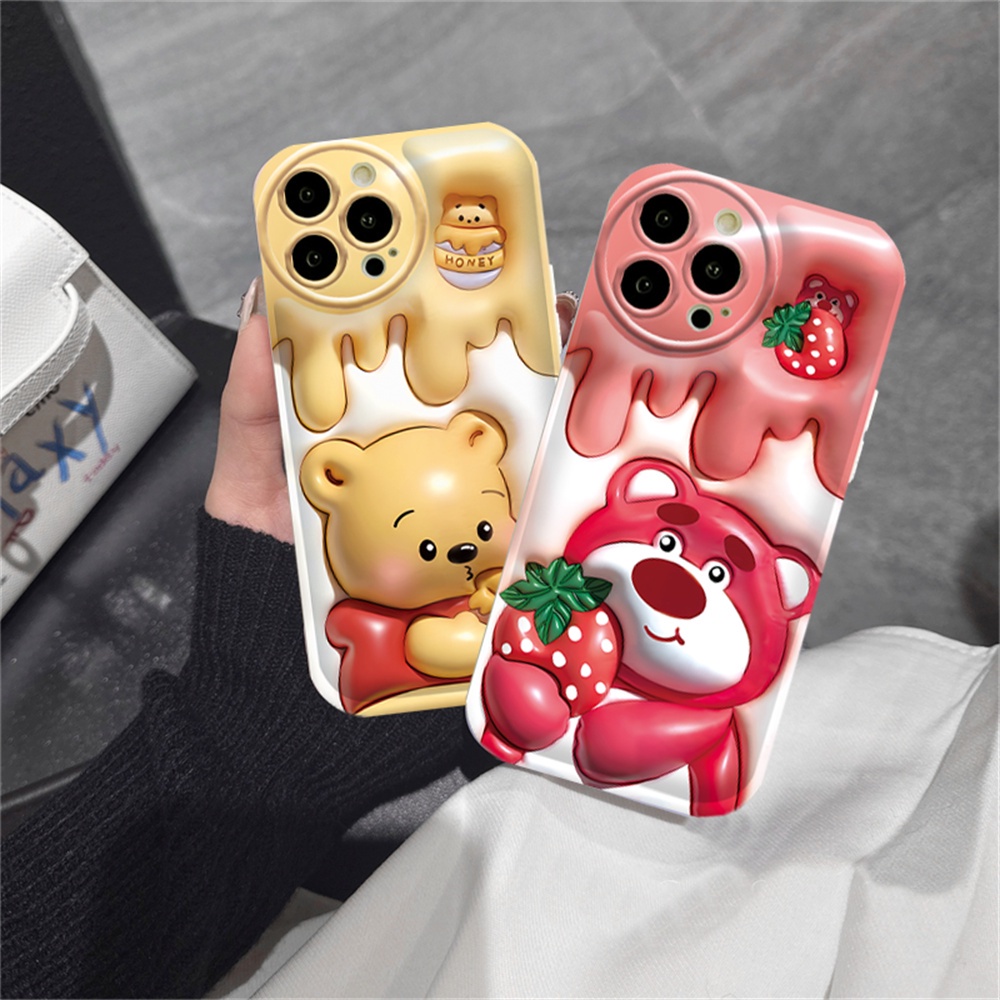 Samsung A14 A04S A04e A13 A03 A03S A12 A21S A50 A50S A30S A20 A10S A52 A10 A1 J7 Prime J7 Pro J6 Plus 3D Vision Kartun Winnie the Pooh Strawberry Bear Bantal Udara Soft Case RIXUA