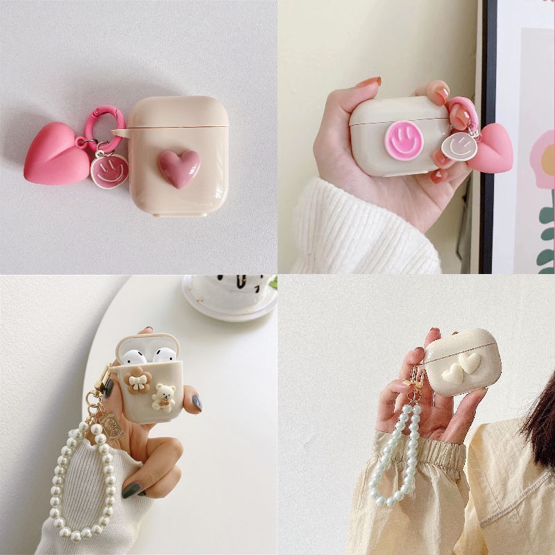 Lovely Smiling Face Bow Heart Straw Case Kompatibel Untuk Airpods1 2 3 Pro2 Warna Telanjang Tpu Cangkang Anti Jatuh