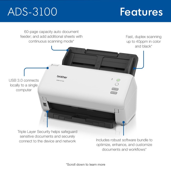 SCANNER BROTHER ADS 3100 / SCANNER ADS3100 40PPM ADF 60 HIGH SPEED ADF DESKTOP DOCUMENT - GARANSI RESMI