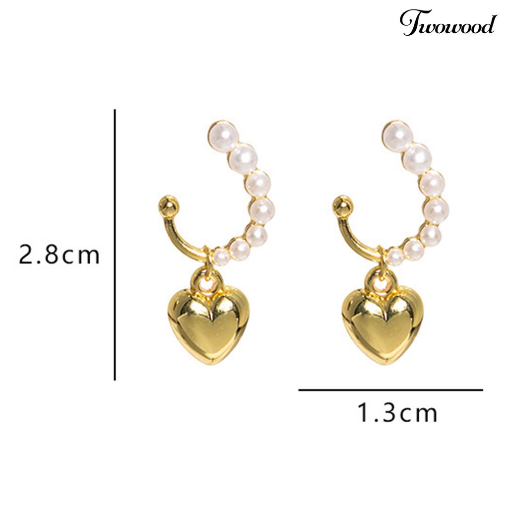 Twowood 1pasang Drop Earrings Temperamen Elegan Mutiara Imitasi Terang Kilau Geometris Hias Hadiah Wanita Romantis Hati Liontin Stud Earrings Perhiasan Untuk Pakaian Sehari-Hari