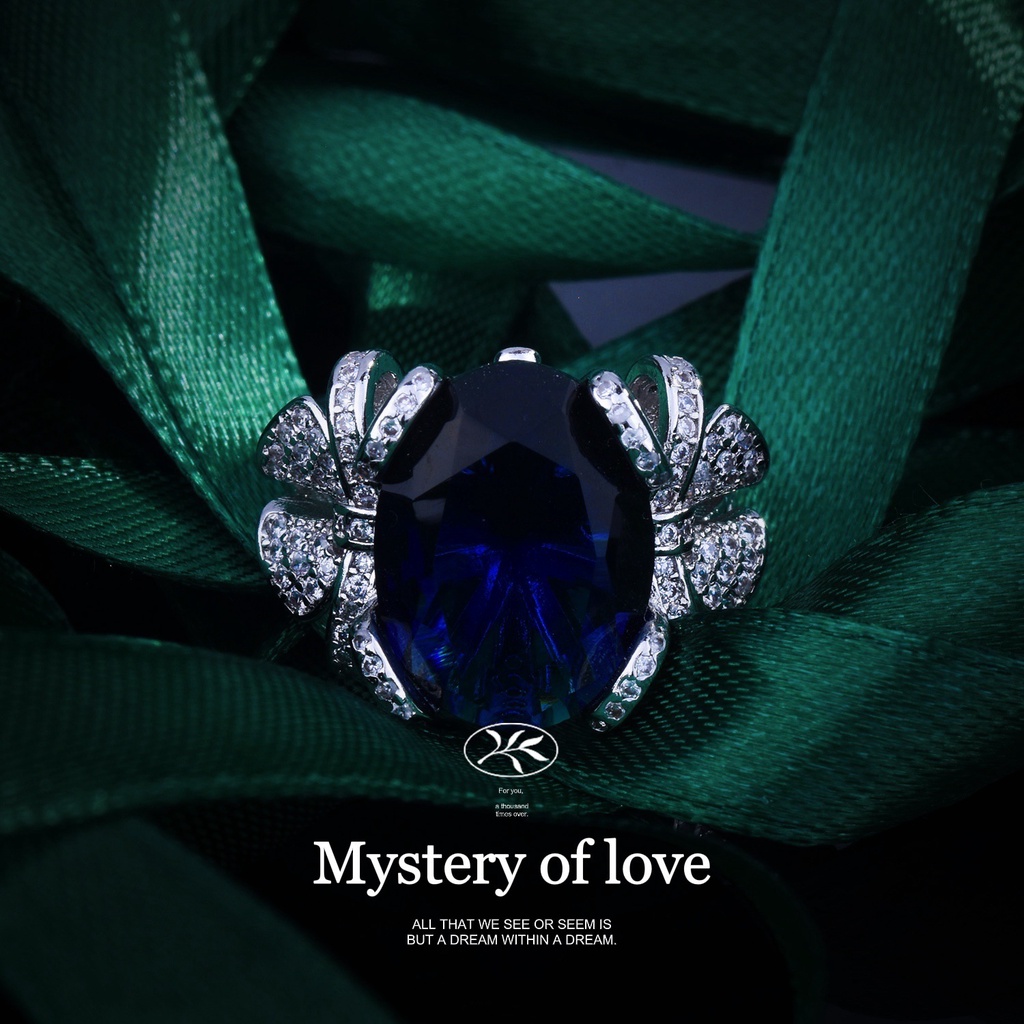 Goldkingdom Aksesoris Perhiasan Fashion Ready Stock Baru Chao Xian Busur Desain Royal Sapphire Open Ring Mewah Penuh Berlian Dan Pita Berwarna Harta Cincin