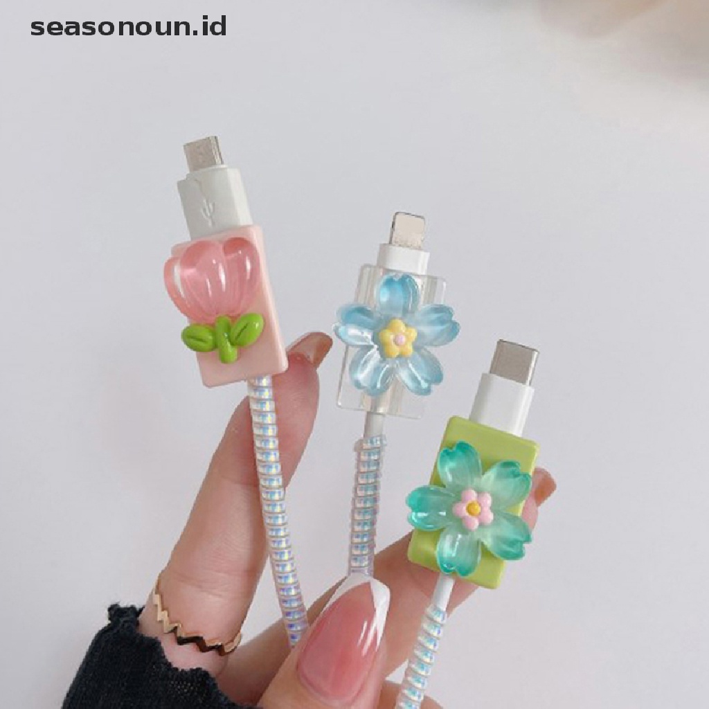 Seasonoun Untuk Kabel Charger USB Bite Data Line Cord Case Bunga Warna-Warni Lembut TPU Cover.