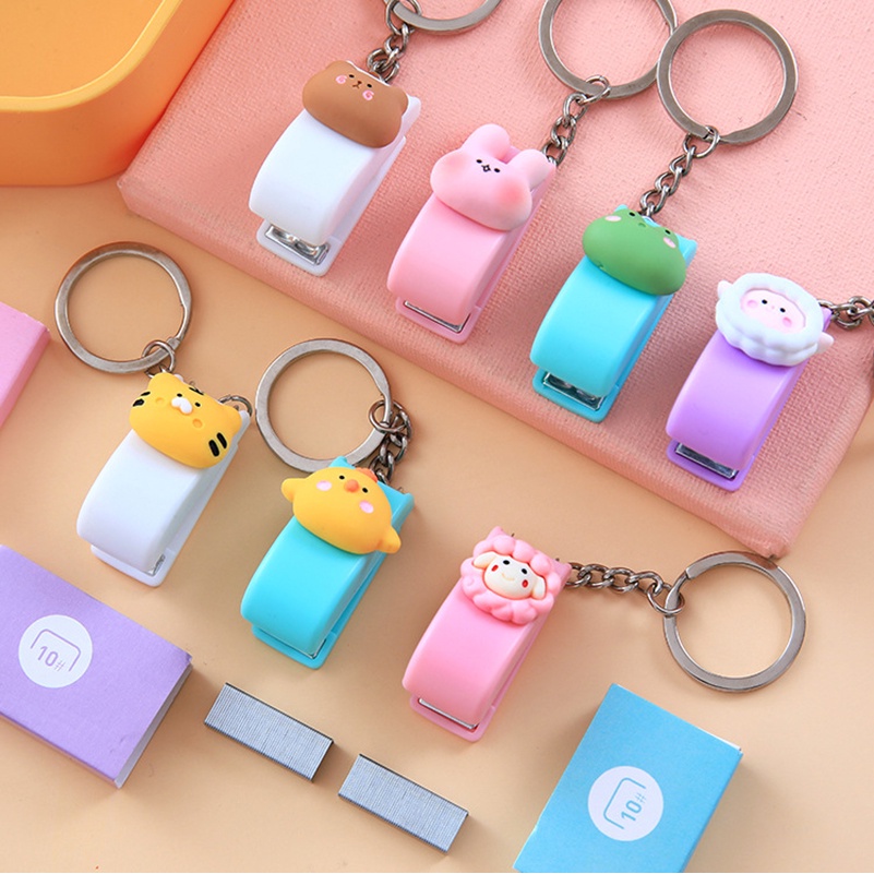 Portable Mini Stapler Gantungan Kunci Lucu Kartun Hewan Liontin Gantungan Kunci Kantor Siswa File Kertas Stapler Alat Multi-Fungsi Tes Kertas Dokumen Pengikat Kreatif