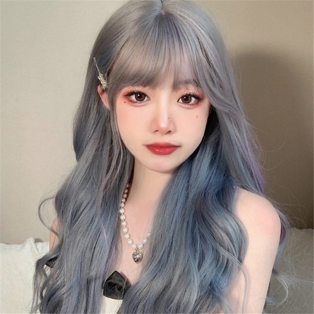 Ins Panjang Keriting Halus Alami Abu-Abu Pink Ungu Wig Untuk Wanita Gadis Pesta Cosplay Wig Penutup Aksesoris Rambut 68 cm