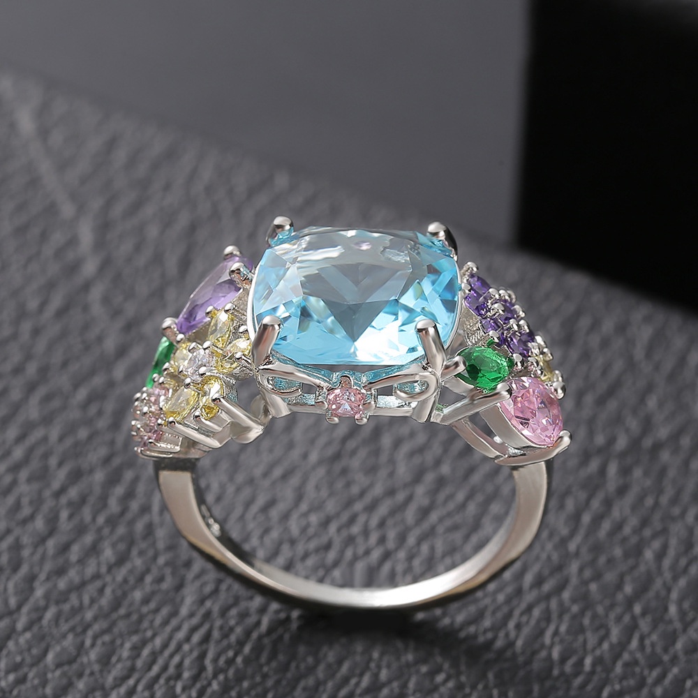 Goldkingdom Fashion Perhiasan Aksesoris Ready Stock Wish Penjualan Panas Baru Set Multi Warna Batu Permata Persegi Putri Cincin Imitasi Berlian Zirkon Engagement Ring Dari Eropa Dan Amerika