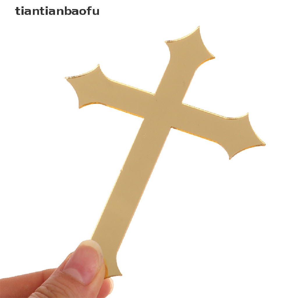 [tiantianbaofu] 5pcs 10 * 7cm Akrilik Cross Gold Topper Perjamuan Pertama Minimalis Sisipan Kue Butik