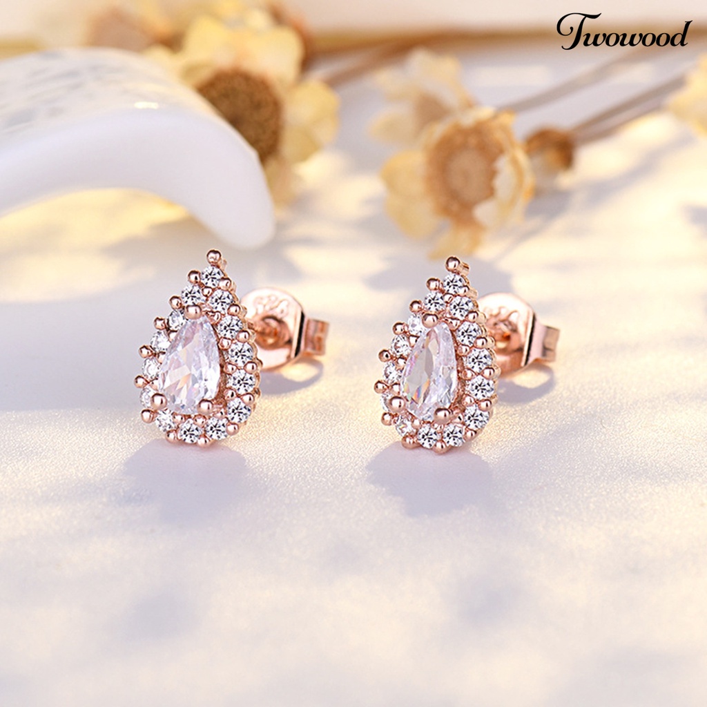 Twowood 1pasang Ear Studs Vintage Temperamen Shiny Cubic Zirconia Hias Electroplating Dress Up Hadiah Wanita Gadis Tetesan Air Stud Earrings Perhiasan Aksesoris