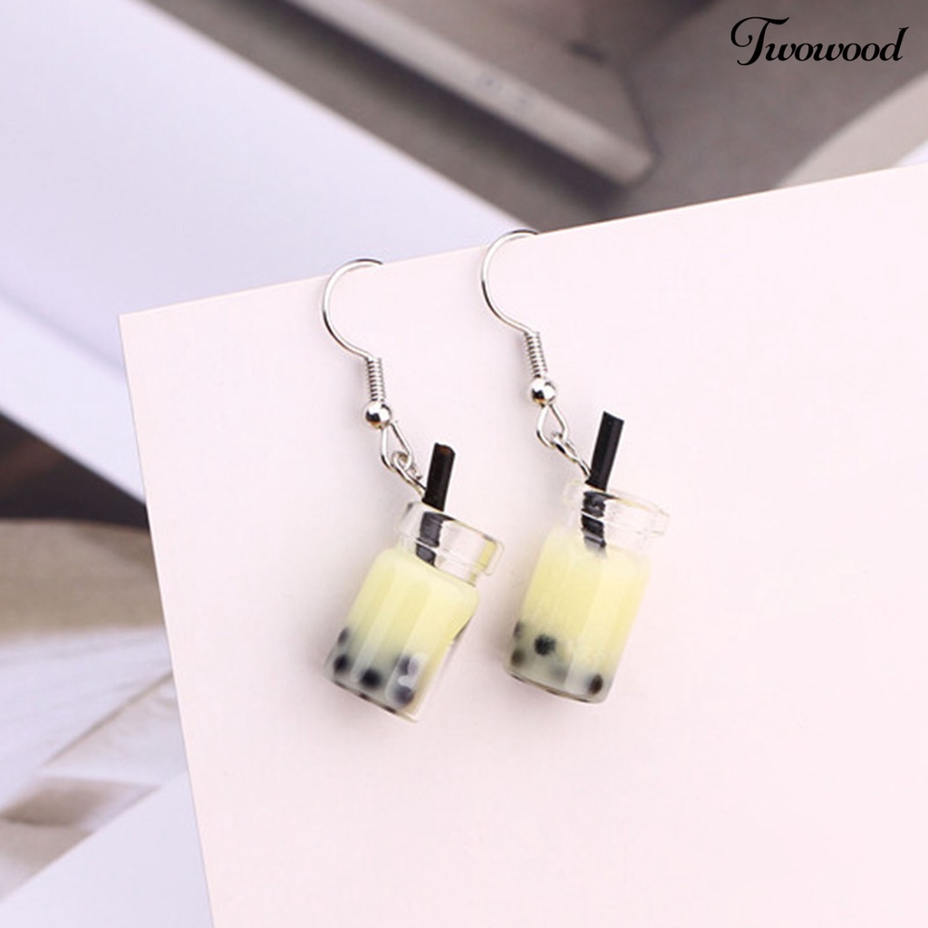 Twowood 1pasang Anting Kait Lucu Imut Gaya Sederhana Hypoallergenic Hadiah Kaca Teh Susu Liontin Wanita Menjuntai Anting Perhiasan Fashion