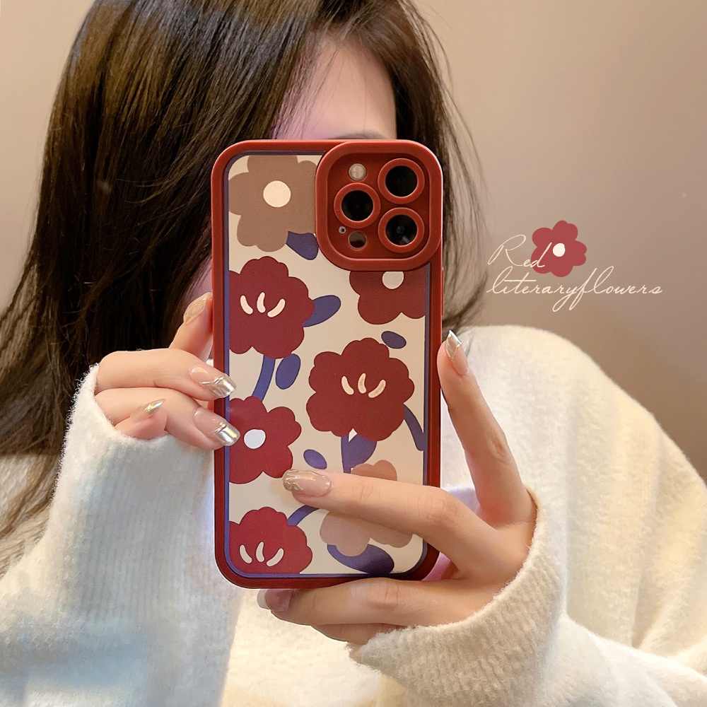 IPHONE [Mata Kucing] Soft Case TPU Anti Slip Untuk Iphone7Plus8 Plus X XS XR XS Max11 13 12 14 PRO Max 14 Plus Ins Fashion Wanita Anggur Bunga Merah