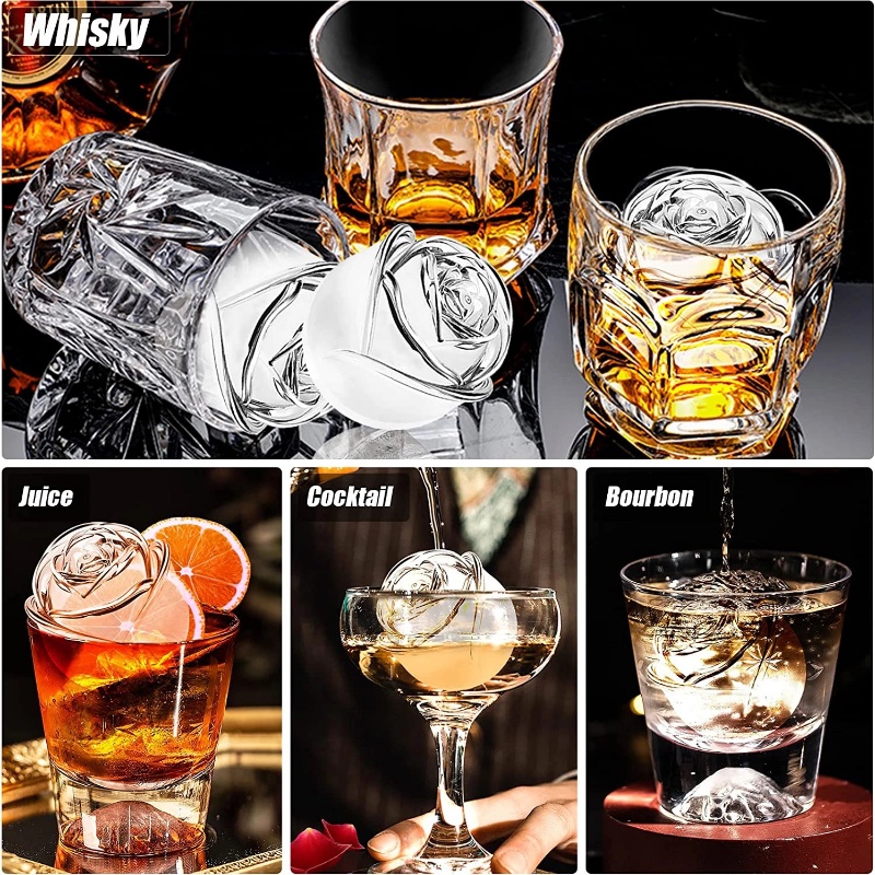 4kisi Cetakan Es Batu Bentuk Mawar 3D Dengan Tutup Bunga Ice Ball Makers Reusable Food Grade Silikon Cetakan Es Krim Whiskey Wine Cocktail Ice Tray Perlengkapan Dapur