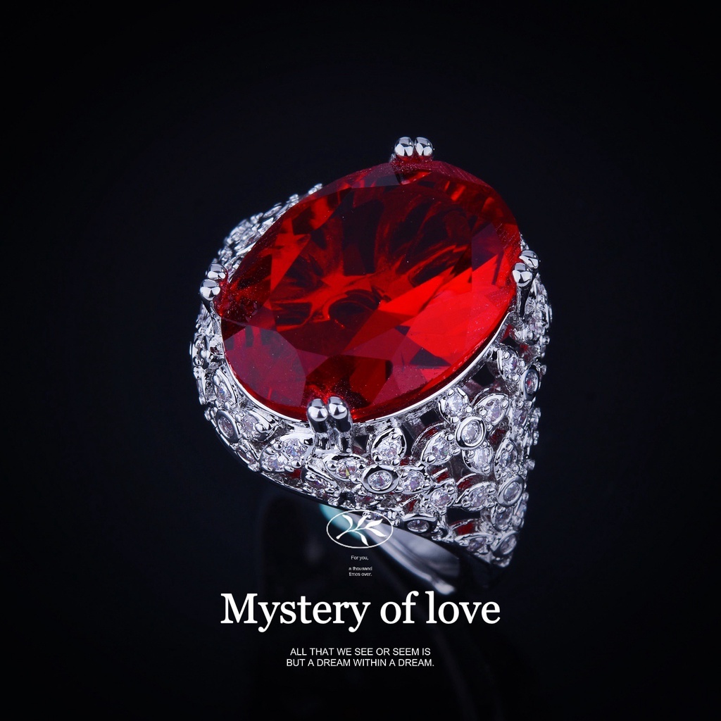 Goldkingdom Aksesoris Perhiasan Fashion Ready Stock Cincin Ruby Telur Burung Merpati Baru Mewah High-end Desain Jala Bawah Dengan Cincin Harta Karun Berwarna Isi Berlian Di Samping