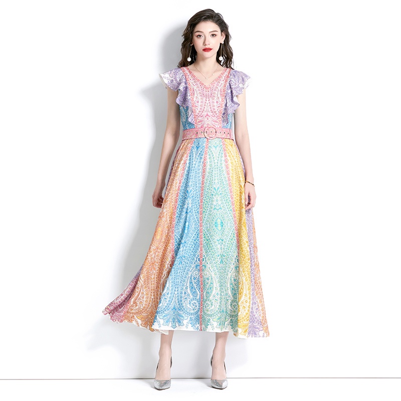 2023 Summer V-Neck Printed Linen Dress