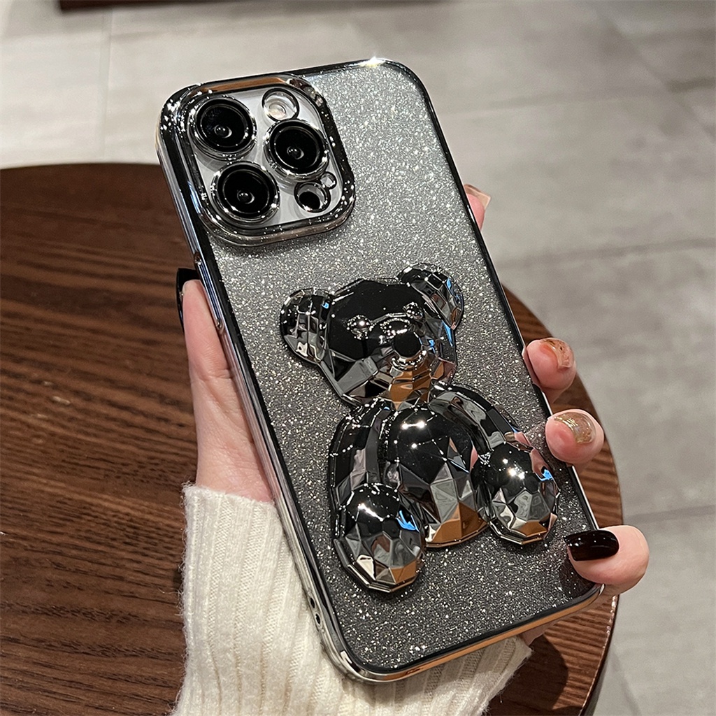 Premium 3D Galvanis Kedip Kristal Beruang Case iPhone 14 Pro Max Case iPhone 13 12 Pro Max Case Kamera Perlindungan Lensa Film Untuk 14 Promax Plus Mewah Kreatif Plating Transparan