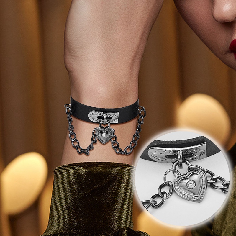 Cinta Gelang Hot Punk Harajuku Gelang Hitam Kulit PU Bar Goth Dapat Disesuaikan Perhiasan Hati