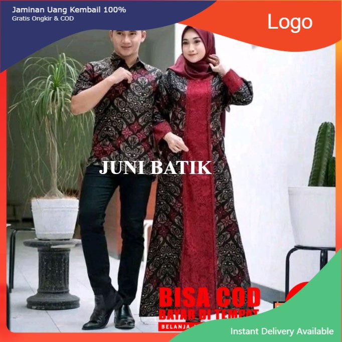 Juni Batik Baju Gamis Batik Wanita Jumbo Kombinasi Brokat Couple Modern Pekalongan Terbaru Dress Dewasa Pasangan Kemeja Pria Lengan Panjang Pendek
