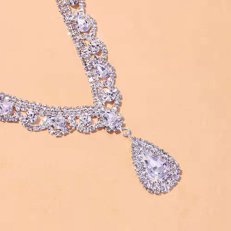 Fashion Bridesmaid Bridal Set Perhiasan Untuk Wanita Berlian Imitasi Kristal Kalung Anting Set Pernyataan Pernikahan Perhiasan Set