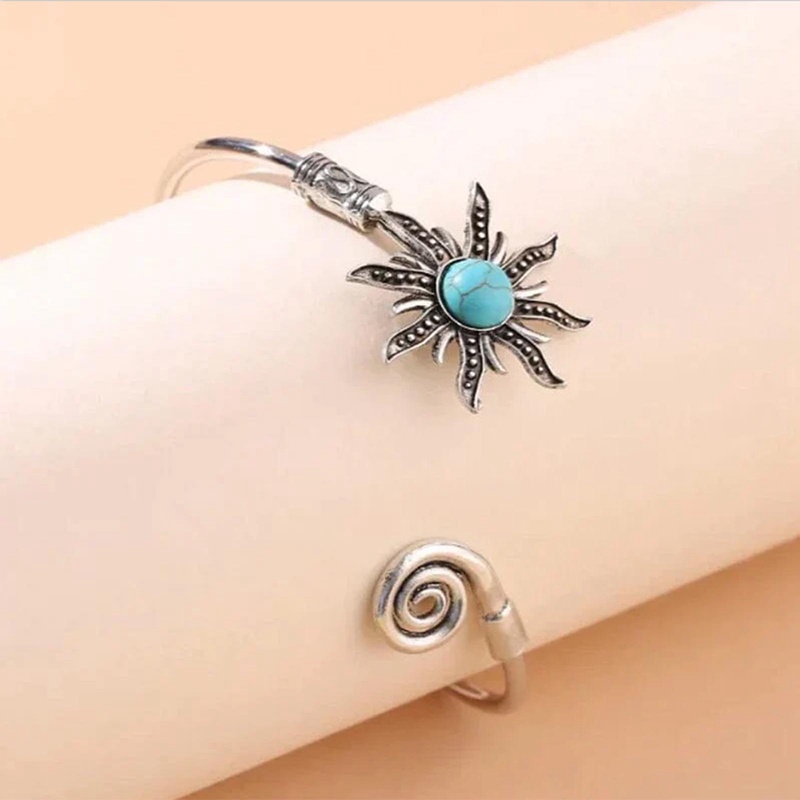 Retro Bunga Matahari Turquoise Alloy Wanita Gelang Kreatif Pembukaan Yang Dapat Disesuaikan Gelang Perhiasan