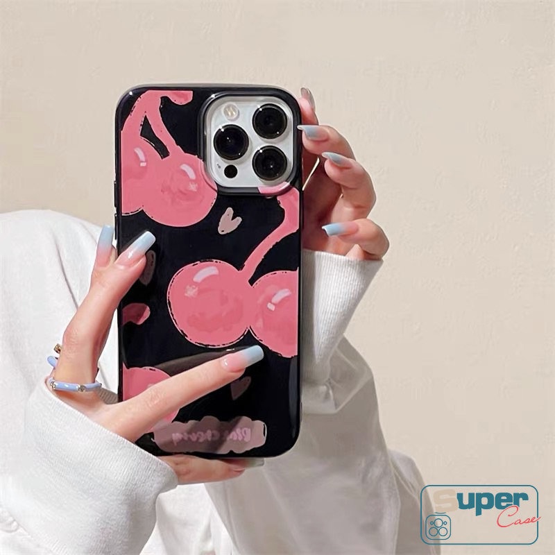 Casing Ponsel Kartun Pink Cherry Kompatibel Untuk IPhone 7plus 14 11 13 12 Pro Max7 8 Plus XR X XS Max SE 2020 Keren Hitam Cinta Hati Smiley Shockproof Glossy Halus Soft Cover