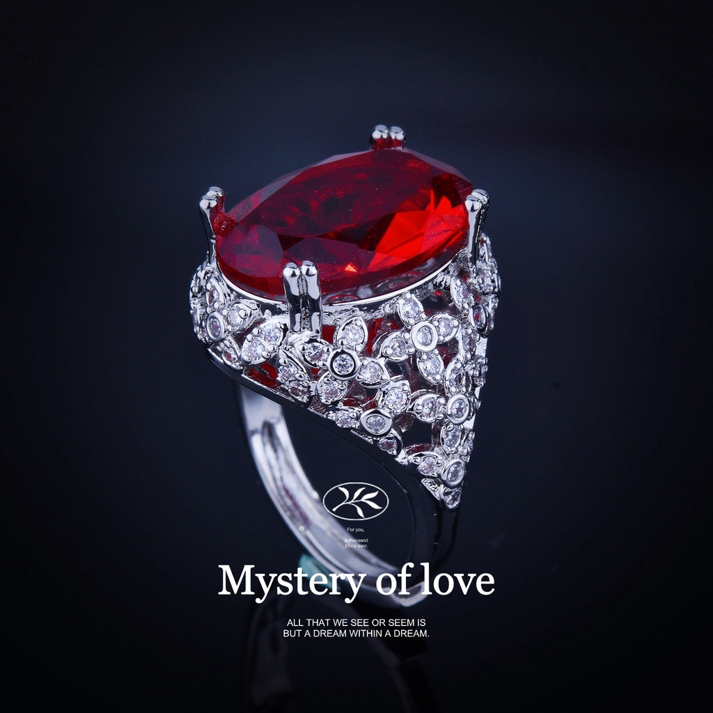 Goldkingdom Aksesoris Perhiasan Fashion Ready Stock Cincin Ruby Telur Burung Merpati Baru Mewah High-end Desain Jala Bawah Dengan Cincin Harta Karun Berwarna Isi Berlian Di Samping