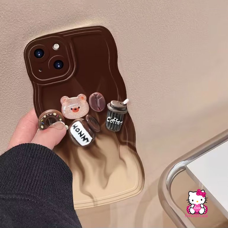 IPHONE Casing Pinggiran Bergelombang Coklat Gradasi Kompatibel Untuk Iphone7 8 Plus XR 11 12 13 14 Pro Max 6 6s X XS Max14 Plus SE 2020 Mainan Kartun 3D Lucu Beruang Kopi Donat Lembut TPU Cover