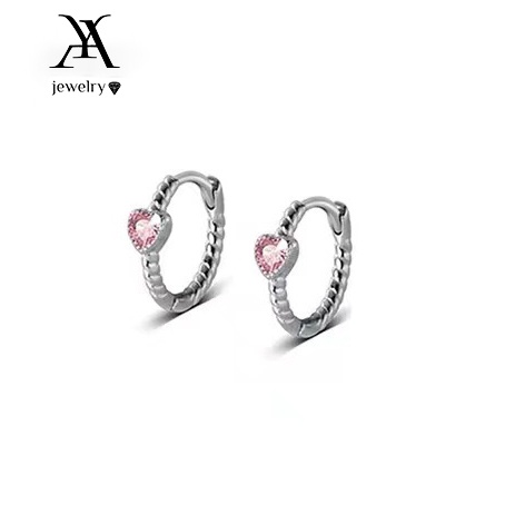 AY(CN) Anting Bentuk Hati Kristal Pink Anting Hoop Korea Silver Untuk Aksesoris Perhiasan Wanita