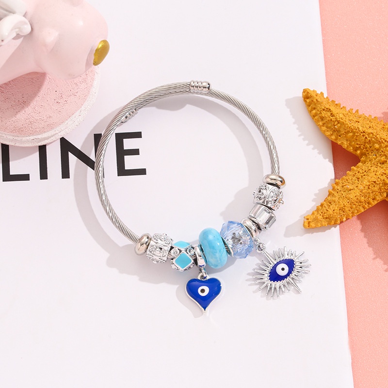 XiaoboACC DIY Stainless Steel Anti-Alergi Evil's Eye Liontin Terbuka Adjustable Charm Gelang