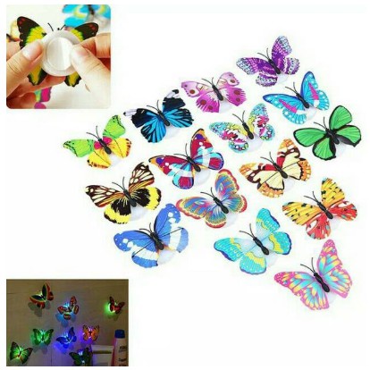 T&amp;Y Stiker 3D Kupu Kupu Led Dekorasi Lampu 7 Warna Sticker Butterfly Led Light Dekorasi Kamar Tidur Murah Import