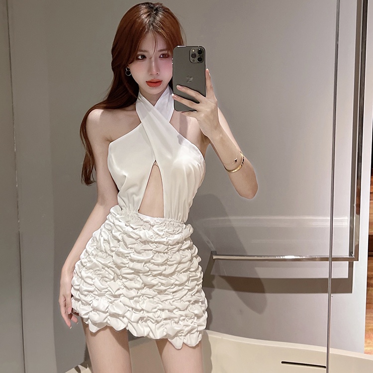 Red Sexy hot girl keinginan murni lintas menggantung gaun leher perempuan pinggang tinggi lipit gaun ulang tahun putih kecil tas pinggul rok pendek