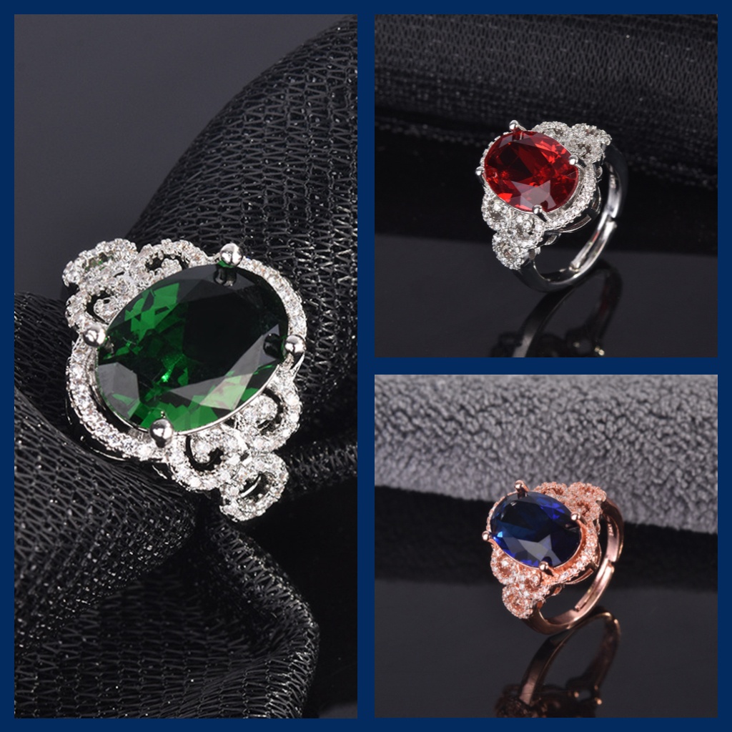 Goldkingdom Fashion Perhiasan Aksesoris Ready Stock Mode Baru High-end Zamrud Berlian-Berukir Cincin Terbuka Perhiasan Pertunangan Mewah