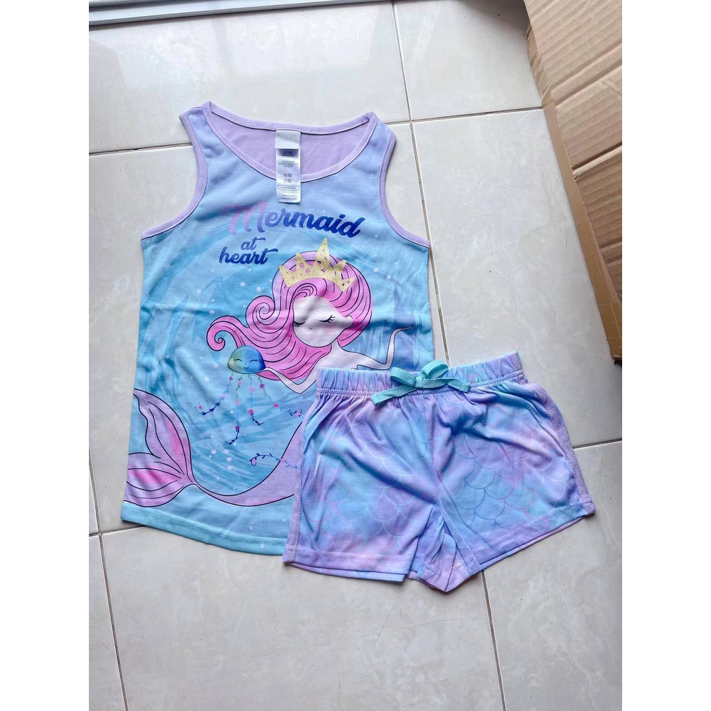 Setelan anak perempuan anak set baju anak pendek unicorn mermaid lucu murah 4-16th