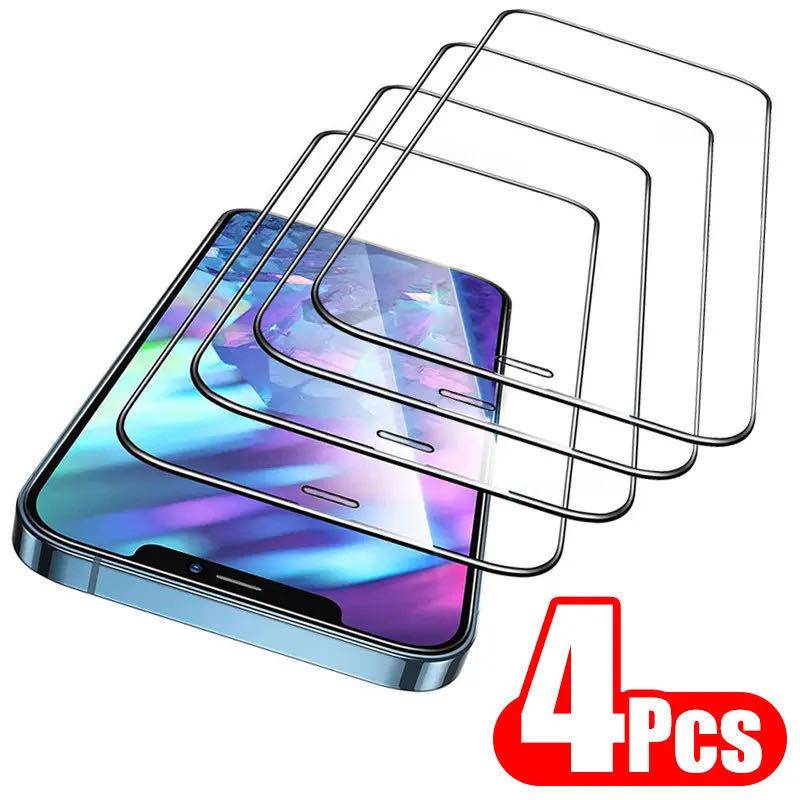 4pcs Full Cover Tempered Glass Untuk Iphone14 13 12 11 Pro MAX Plus Kaca Pelindung Layar Mini Untuk iPhone X XS MAX XR 7 8 6 6S Plus SE 2022 2020 14Plus 13Mini 12Mini Kaca