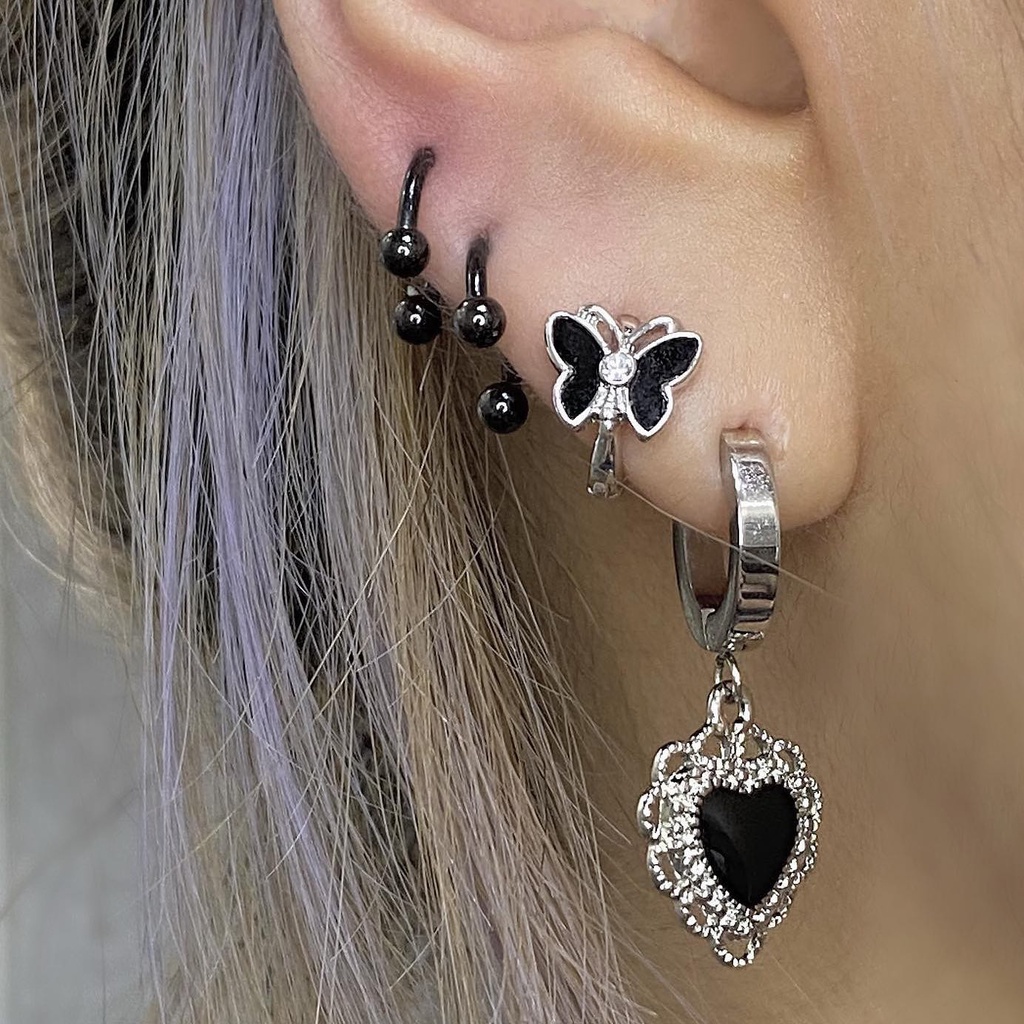 AY(CN) 4pcs / Set Anting Klip Telinga Model Butterfly Heart Drop Warna Hitam Gaya Retro Untuk Wanita