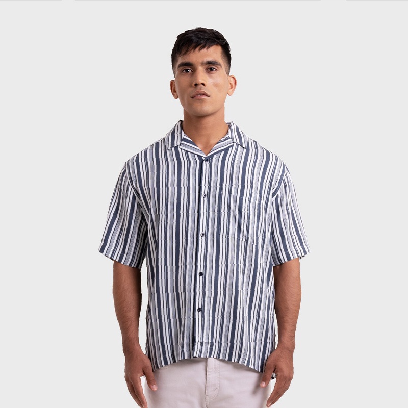 Greenlight Kemeja Hawaiian Pria Lengan Pendek Cuban Collar Motif Stripe Baju Atasan Cowok Santai Cas
