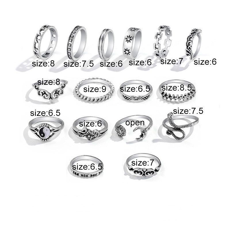 16pcs/set Trendi Perhiasan Dekoratif Pola Ular Jari Cincin Vintage Tai Chi Pola Cincin Pesta Kerawang Alloy Ring