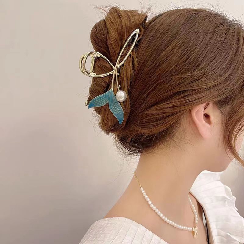 Vintage Wanita Biru Mutiara Fishtail Rambut Klip Besar Ponytail Rambut Klip Mewah Logam Mutiara Hiu Klip Gadis Hiasan Kepala Hadiah