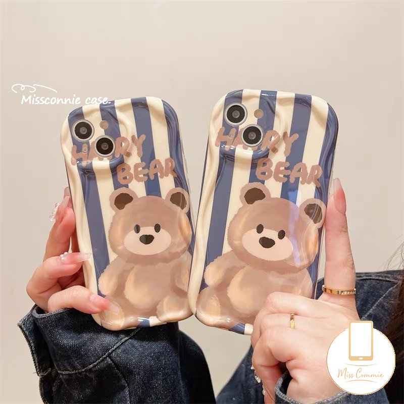 Case Garis Beruang Kartun Lucu Kompatibel Untuk iPhone 7Plus XR 11 Pro Max 6s 8 6 7 Plus 14 13 12 Pro Max X XS Max SE 2020 3D Wavy Curved Edge Glossy Airbag Lembut Tpu Shockproof Cover