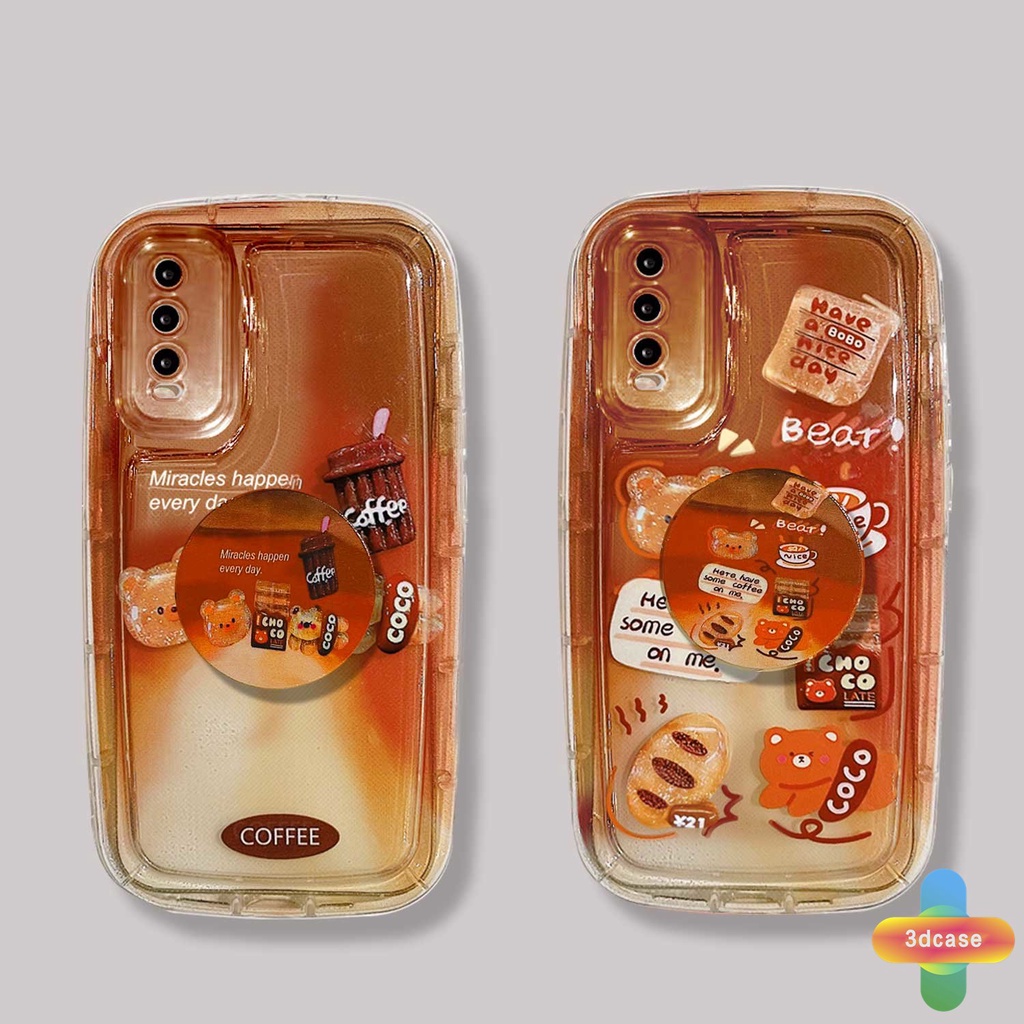 Case HP VIVO Y35 Y15S Y15C Y22 Y22S Y91C Y21 2021 Y21A Y21T Y12S Y16 Y12 Y20 Y30 Y02 Y21S Y20S Y12i Y3S Y33T Y21E Y21G Y15A Y01 Y01A Y91 Y30i Y93 Y95 Y15 Y17 Y50 Y53S Y51 2020 Y51A Gradual Cartoon Coffee Bear Camera Lens Protection Soap Case With Stand