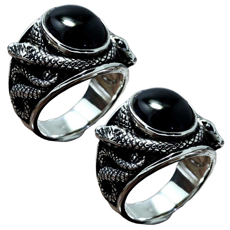 Punk Cincin Batu Permata Hitam Untuk Pria Perhiasan Vintage Kuno Warna Perak Salib Ular Diukir Logam Oval Zirkon Jari Cincin Hadiah