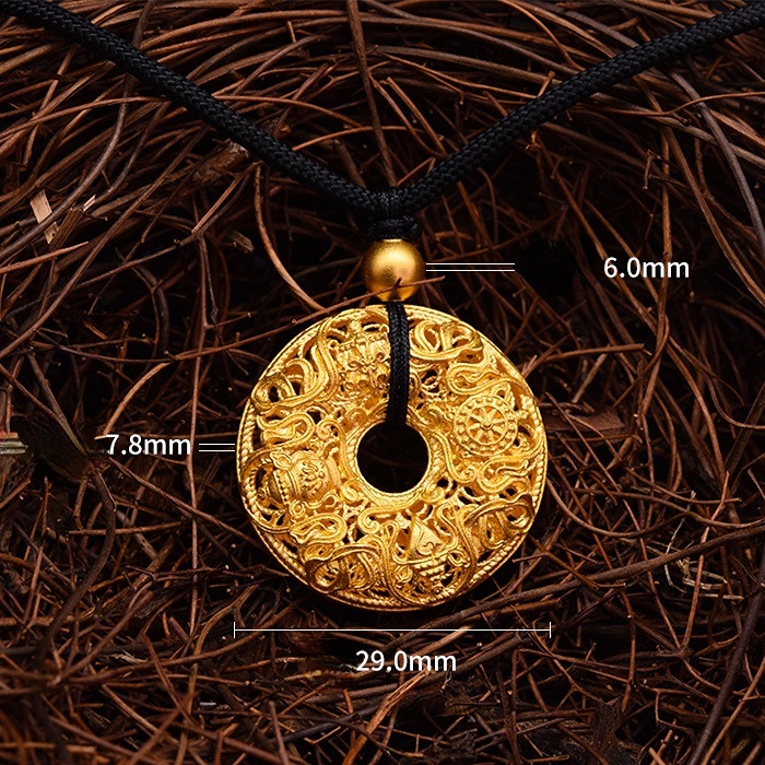 Goldkingdom Fashion Perhiasan Aksesoris Ready Stock Berlapis Emas Asli Kadar 375 3D Warna Emas Asli Kadar 375 Kerajinan Tangan Kalung Mewarisi Delapan Harta Perdamaian Gesper Liontin Wanita