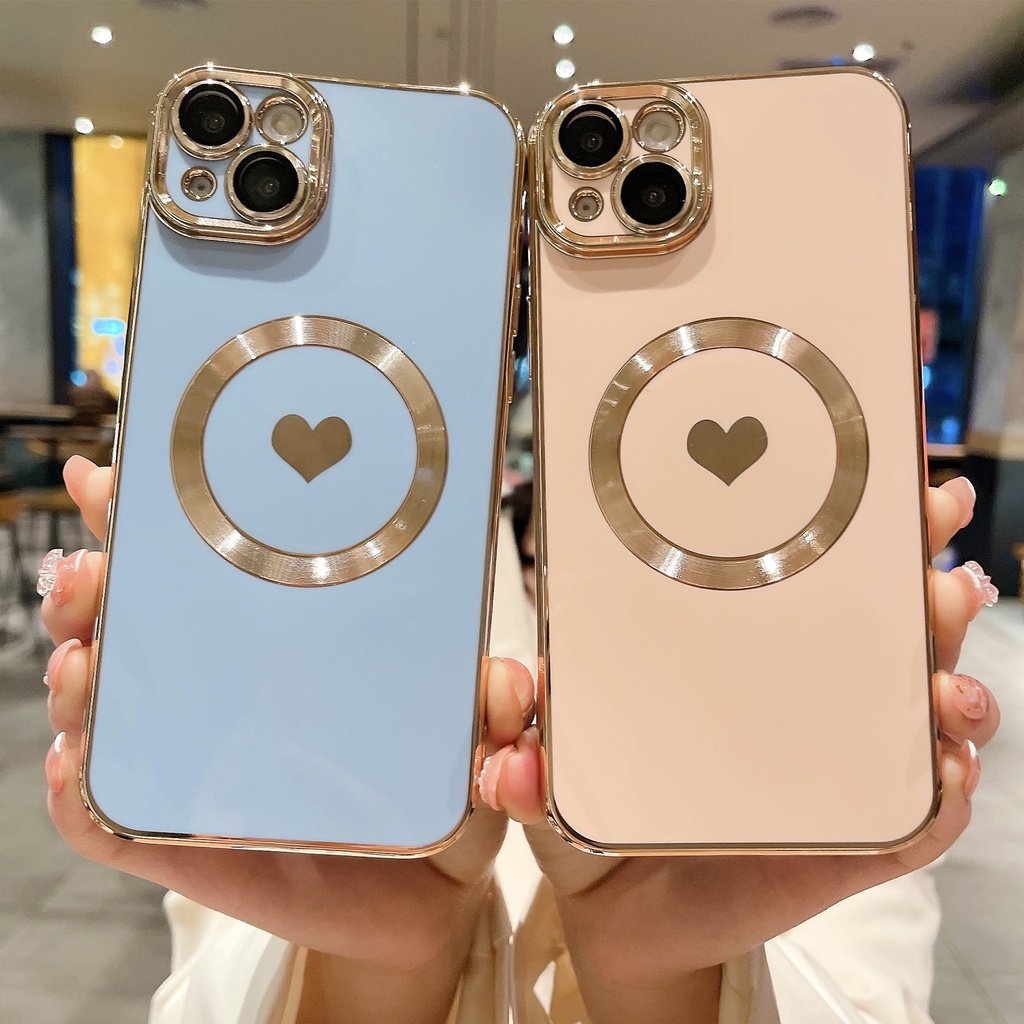 IPHONE Untuk Ma Wireless Charging Plating Case Untuk Iphone14 13 12 11 Pro Max XR XS Max X8 7 Plus Magnetik Cinta Hati Soft Cover