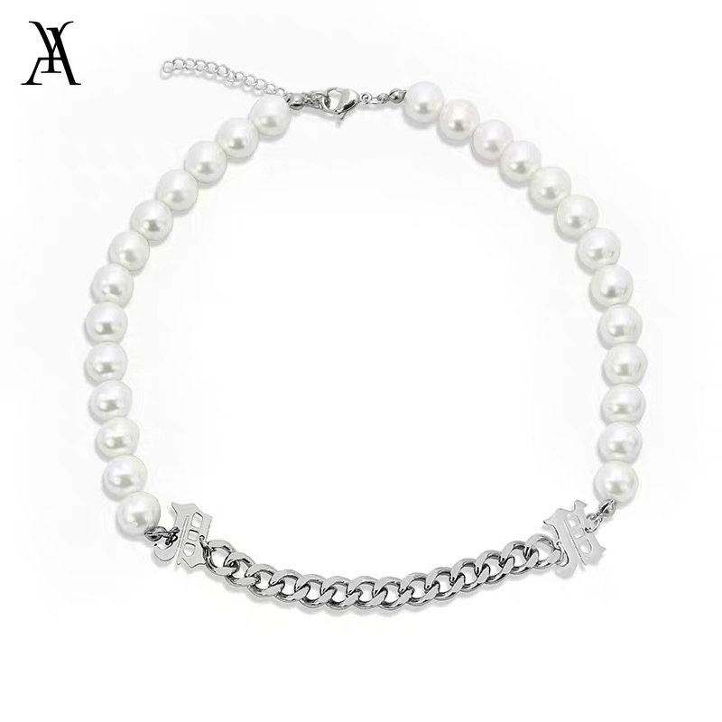 AY(CN) Retro Fashion Pearl Necklace Creative Letter Pendant Choker Elegant Silver Chain Jewelry Accessories Gift