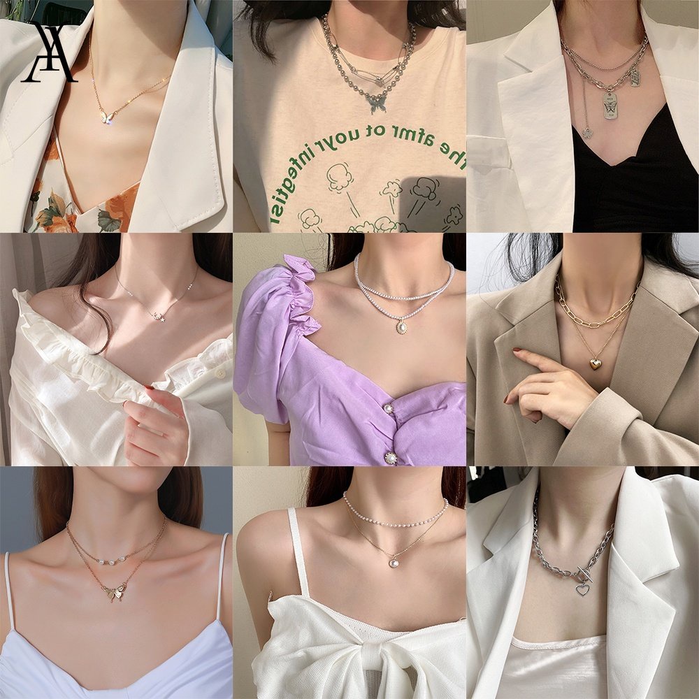 AY(CN) Kalung Rantai Choker Desain Kupu-Kupu Bulan Bintang Aksen Mutiara Warna Silver Gaya Korea Untuk Wanita