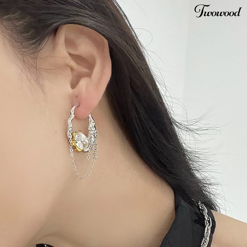 Twowood 1pasang Wanita Anting Bersinar Berlian Imitasi Rantai Pesona Wanita Fashion Hoop Earrings Perhiasan Gadis Hadiah