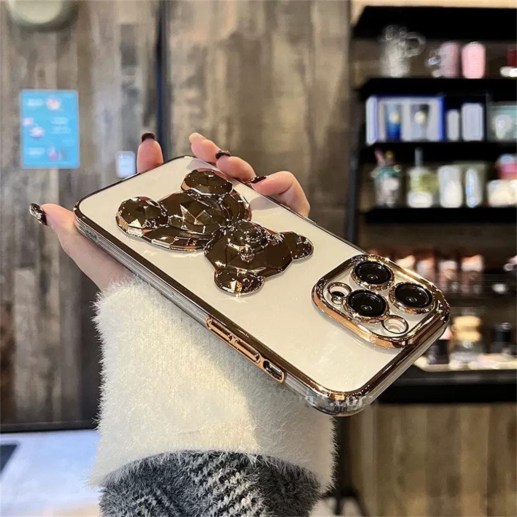 Luxury Metal 3D Cub Case iPhone 14 Pro Max Case iPhone 13 12 Pro Max Case14 Plus Promax Pelindung Kamera Lensa Case Iphone14 Transparan Shockproof TPU Penutup Belakang