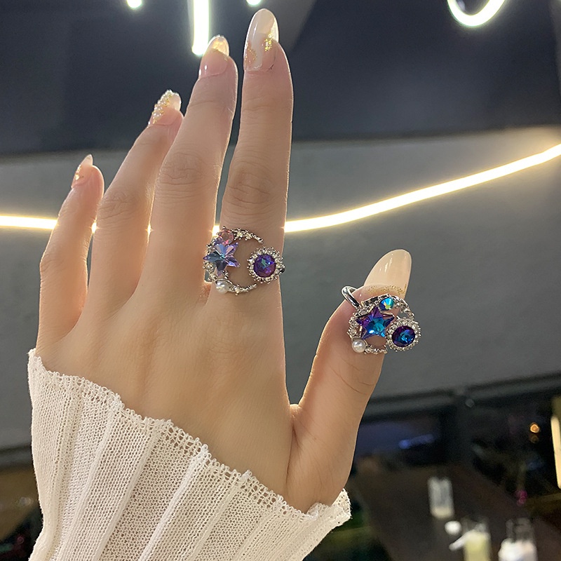 Mutiara Bulan Bintang Cincin Jari Berlian Indah Hadiah Fashion Elegan Cincin Planet Biru Sederhana Fashion Cincin Pesta Pernikahan Berlian Imitasi Bersinar Cincin Pembukaan Yang Dapat Disesuaikan Cincin